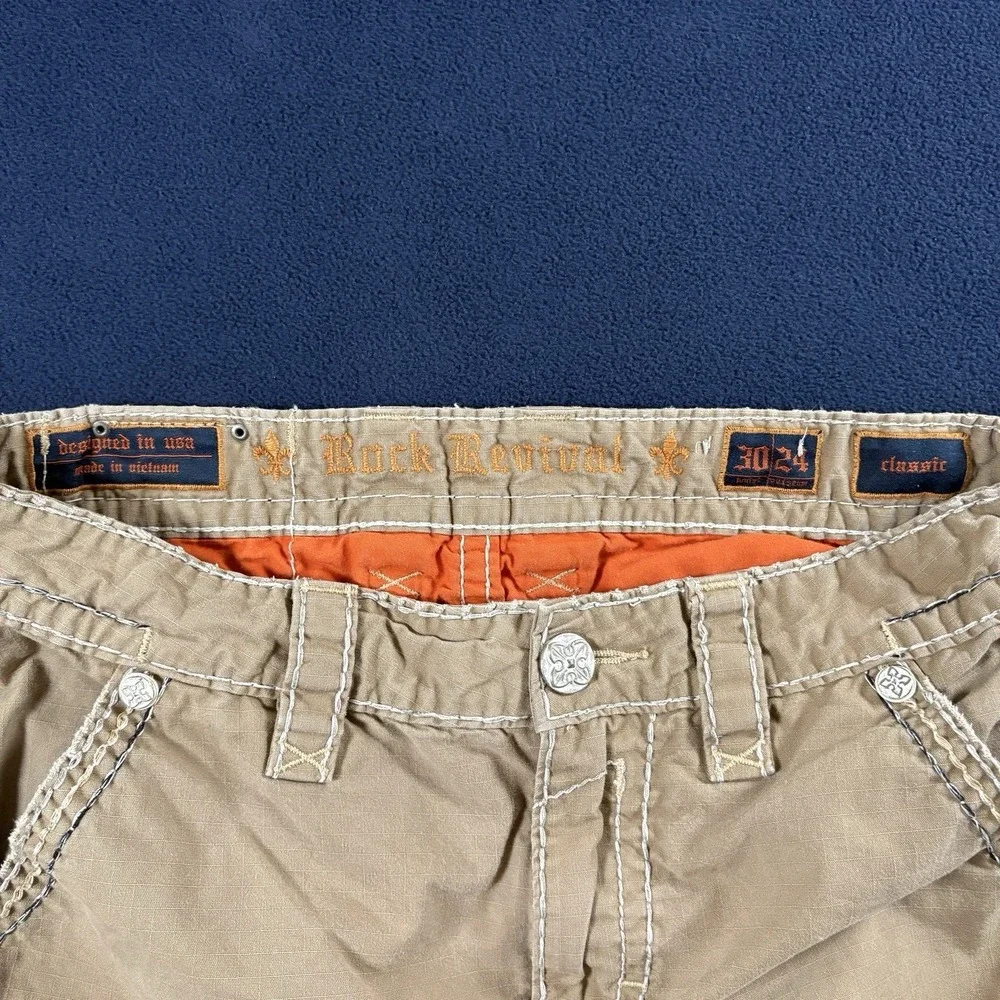 Rock Revival Men Classic Cargo Shorts 30 Khaki Thick Stitch Y2K RR Grunge Skater